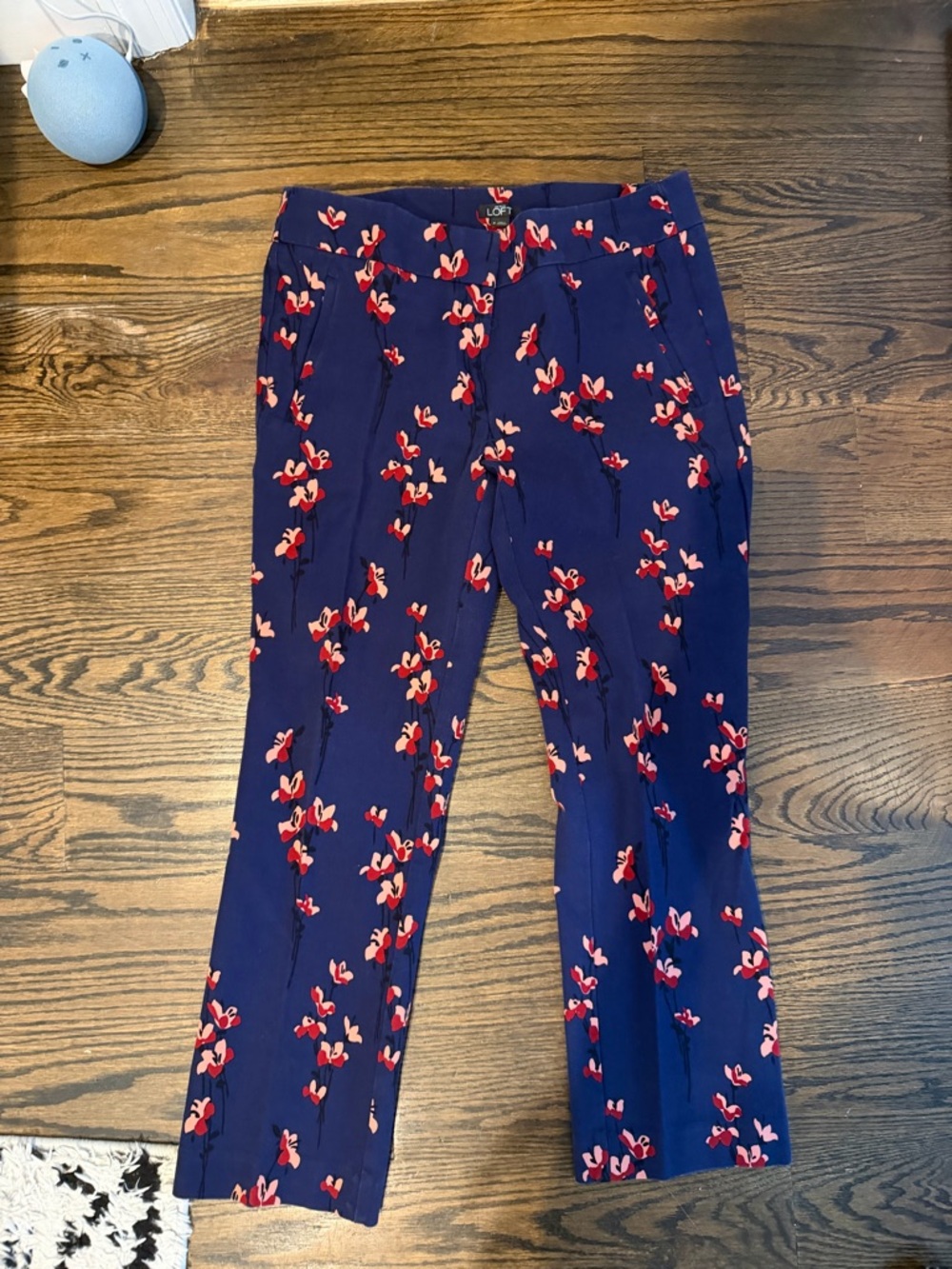LOFT Navy Floral Straight-Leg Pants with Red-Pink Blooms